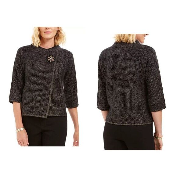$69.50 JM Collection Holiday Party Metallic Textured Brooch Sweater Jacket, M - Picture 1 of 8